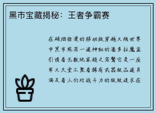 黑市宝藏揭秘：王者争霸赛