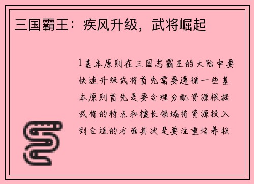 三国霸王：疾风升级，武将崛起