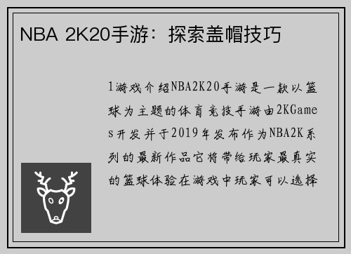 NBA 2K20手游：探索盖帽技巧