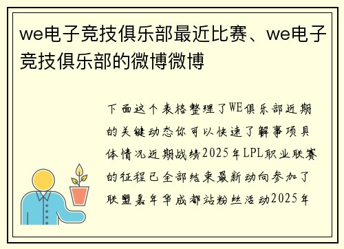 we电子竞技俱乐部最近比赛、we电子竞技俱乐部的微博微博